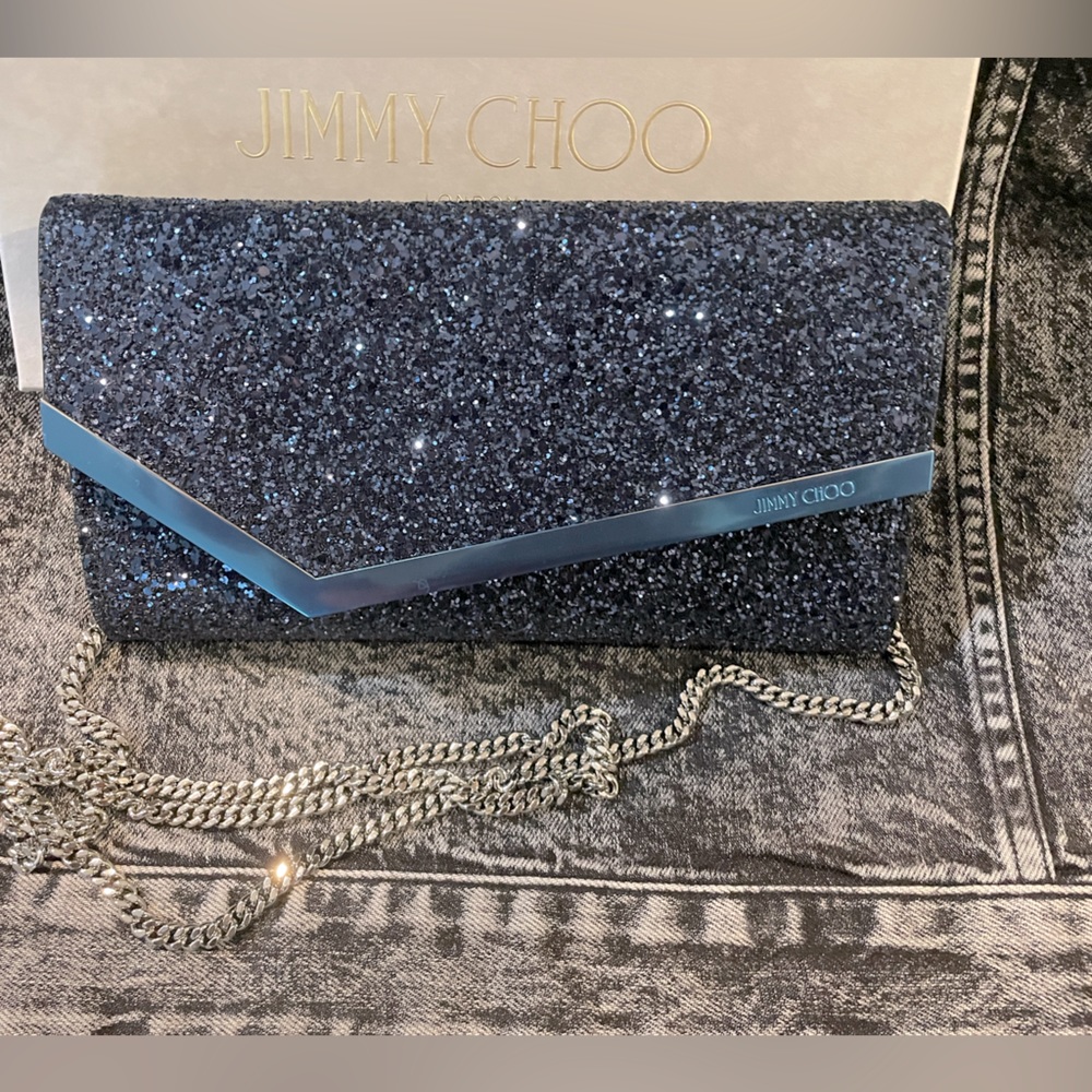 Jimmy Choo glitter emmie clutch in midnight blue